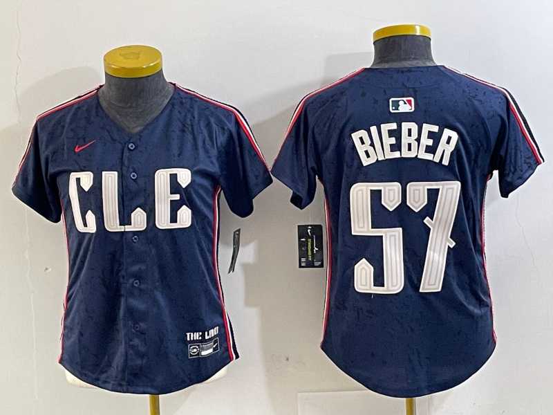 Womens Cleveland Guardians #57 Shane Bieber Navy 2024 City Connect Limited Stitched Jersey->mlb womens jerseys->MLB Jersey